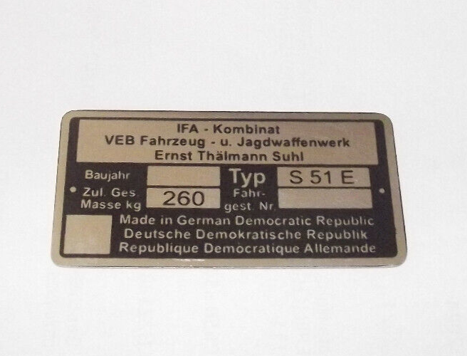 1 A Rahmenplakette Typenschild pass. f. Simson S51 E IFA VEB DDR Suhl Moped